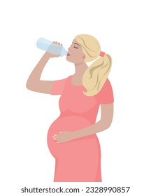 Pregnant woman drinks water from a bottle. A blonde woman in a red dress is about to become a mother. The concept of the benefits of water during pregnancy. Flat Vector illustration isolated on white