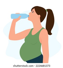 Mujer embarazada bebe agua de una botella de plástico. Gimnasio y salud.Mantente hidratado. El concepto de bienestar. Ilustración vectorial en estilo plano