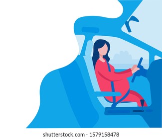 Pregnant woman driving a car. Vector illustration on the theme of everyday life during pregnancy. Illustration of a blue-and-red color scheme.