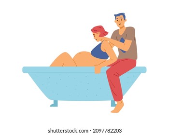 Mujer embarazada durante el parto en bañera, ilustración vectorial plana aislada en fondo blanco. Concepto de posición natural de nacimiento. El hombre ayuda a la mujer en el parto.