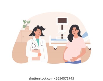 Pregnant woman during prenatal hospital visit with female doctor. Prenatal healthcare visit. Pregnancy monitoring and maternal care concept. Clinical maternity care scene. Vector illustration. 