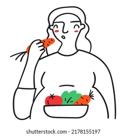 Pregnant Woman Eat Healthy Food. Outline Vector Illustration On White Background.