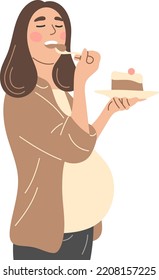 A pregnant woman is eating a cake.