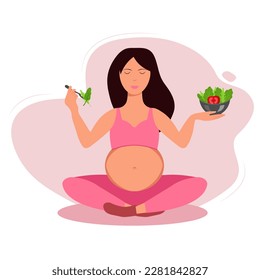 Pregnant woman eating fresh salad. Vector flat illustration