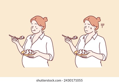 pregnant woman eating. Hand drawn style vector design illustrations.