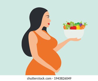 Pregnant woman eating healthy food vector illustration. Mother care concept