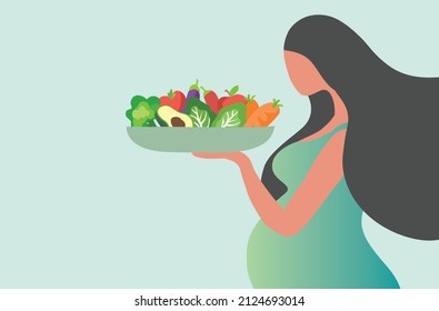 Pregnant Woman Eating Healthy Food Vector Illustration. Mother Care Concept