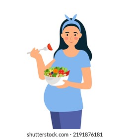 Pregnant woman eating healthy food in flat design on white background.