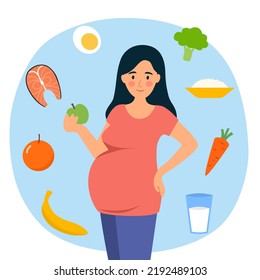 Pregnant woman eating healthy food concept vector illustration.