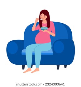 Pregnant woman eating healthy food in flat design on white background.