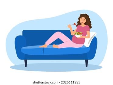 Pregnant woman eating healthy food in flat design.