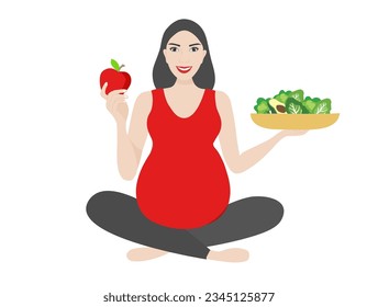 Pregnant woman eating healthy food vector illustration. Mother care concept