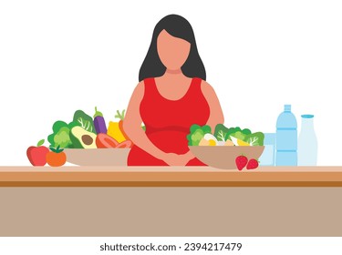 Pregnant woman eating healthy food vector illustration. Mother care concept