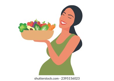 Pregnant woman eating healthy food vector illustration. Mother care concept