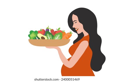 Pregnant woman eating healthy food vector illustration. Mother care concept