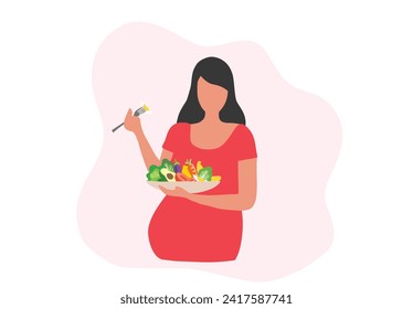 Mujer embarazada comiendo ilustraciones vectoriales alimentarias saludables. Concepto de cuidado de madres