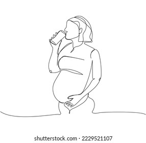 Pregnant woman eating healthy one line art. Continuous line drawing of pregnancy, motherhood, preparation for childbirth, preparation for motherhood, water balance, vitamins, drink water.