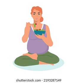 Pregnant woman eating healthy salad food, maternality. pregnancy concept vector illustration