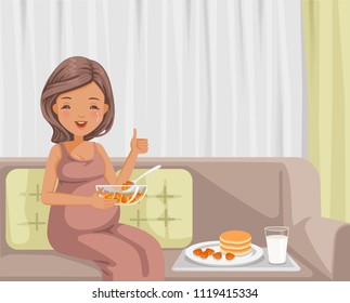 pregnant woman eating. pancakes, strawberries, milk and breakfast on sofa at home.enjoy delicious meals.thumb up and smiling. the concept health care for pregnant.Vector cartoon illustrations isolated