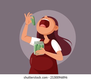 
Pregnant Woman Eating Pickles from a Jar Vector Cartoon Illustration. Funny mother to be craving for sour foods during pregnancy
