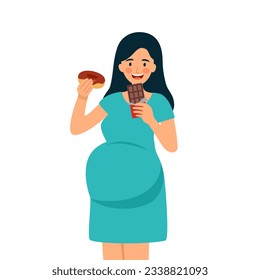 Pregnant woman eating sweet chocolate and donut in flat design on white background.
