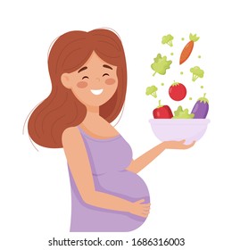 Pregnant woman eats healthy vegetables.Cartoon flat illustration