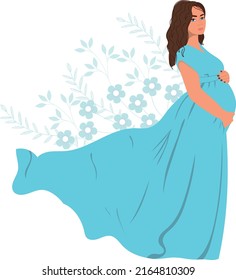 Pregnant woman in elegance dress. Modern banner about pregnancy and motherhood.