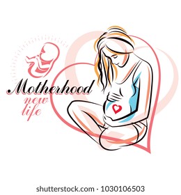 Pregnant woman elegant body silhouette, sketchy vector illustration. Pregnancy assistance center promotion mock up