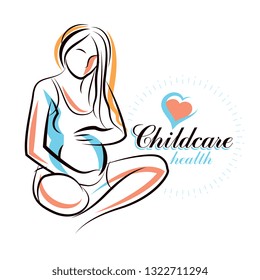 Pregnant woman elegant body silhouette, sketchy vector illustration. Medical center for pregnancy assistance marketing flyer template