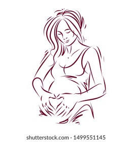 Pregnant woman elegant body silhouette, sketchy vector illustration. Love and gentle feeling concept. Mother Day.