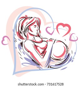 Pregnant woman elegant body silhouette placed in decorative heart shape frame, sketchy vector illustration. Love and gentle feeling concept.