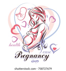 Pregnant woman elegant body silhouette, sketchy vector illustration. Reproduction clinic advertising