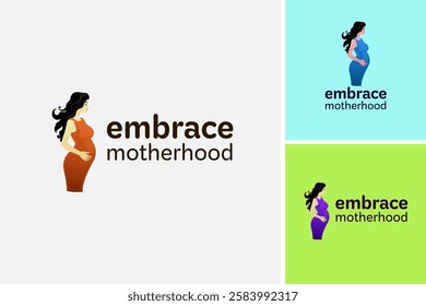 Pregnant woman embrace motherhood logo design. Suitable for maternal health and wellness promotions or motherhoodrelated designs. EPS layered vector