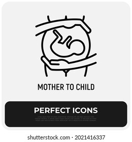 Pregnant woman with embryo in belly. Maternity. Thin line icon. Modern vector illustration.