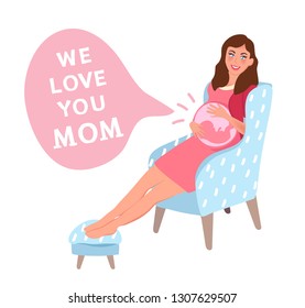 A pregnant woman with an embryo in her stomach. I love mom! mother's day or women's day slogan. Vector illustration of family relations