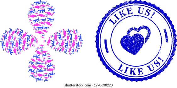 Pregnant woman engagement exploding abstract flower, and blue round LIKE US Exclamation. rubber stamp seal with icon inside. Element burst organized from oriented pregnant woman engagement symbols.