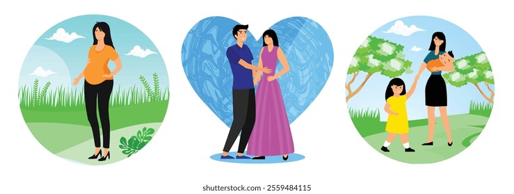 Pregnant Woman Enjoying a Green Outdoor. Family lifestyle activity characters. Mother Holding Baby and holding hands with Daughter. Set flat vector modern illustration 