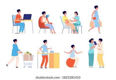 Pregnant Woman. Examination Doctor, Pregnancy Of Women Daily Life, Nutrition Diet Future Mother. Beautiful Maternity Vector Illustration