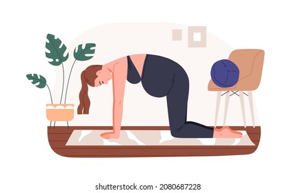 Pregnant woman exercise, practice yoga. Mother in Cat Pose during prenatal training. Pregnancy fitness for moms with belly. Stretching gymnastics. Flat vector illustration isolated on white background