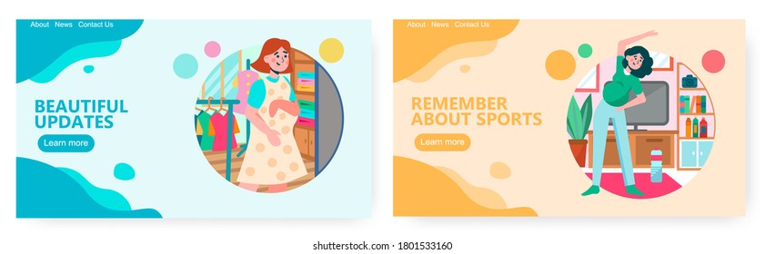 Pregnant woman exercise and stretch at home. Pregnant girl choose clothes in wardrobe. Pregnancy concept illustration. Vector web site design template