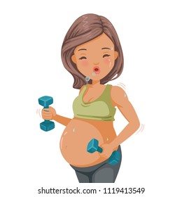 Pregnant woman exercising with dumbbells. Portrait of a Beautiful asian pregnant woman doing exercise. The concept of maternal health care. Vector cartoon illustrations isolated on white background.