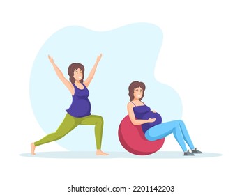 Pregnant woman exercising with fitball and doing yoga. Girl in sportswear doing fitness exercise and practicing yoga asana set. Sports and healthy lifestyle during pregnancy flat vector