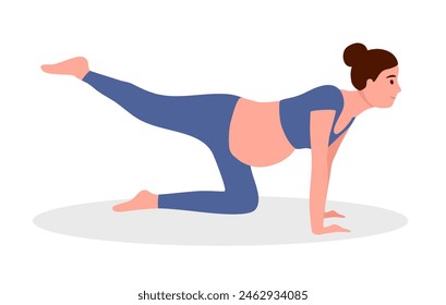 Pregnant woman exercising in flat design. Pregnant female yoga and fitness for healthy and relaxation.