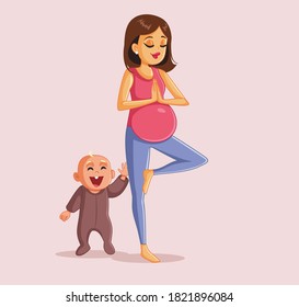 Pregnant Woman Exercising Next to Happy Playful Toddler. Woman experiencing second pregnancy feeling calm and peaceful
