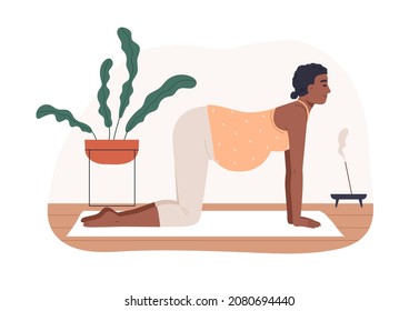 Pregnant woman exercising, practicing prenatal yoga. Mom with belly training in Cat Pose during pregnancy. Mother in Cow Position on mat at home. Flat vector illustration isolated on white background