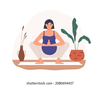 Pregnant woman exercising prenatal yoga. Mother with belly in Garland Pose, doing squat during pregnancy. Physical training for moms. Colored flat vector illustration isolated on white background