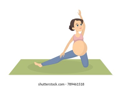 Pregnant woman exercising. Yoga training on white.