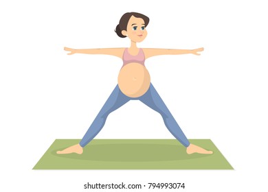 Pregnant woman exercising. Yoga training on white.