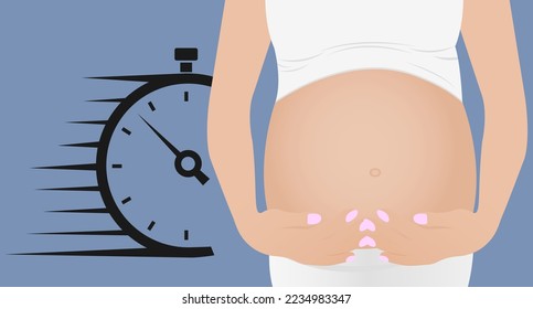 Pregnant woman, expectant mother hugs her belly with her hands