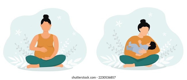 A pregnant woman, the expectant mother is sitting in the lotus position with crossed legs and a big belly. Female with a baby in her arms. Vector graphics.